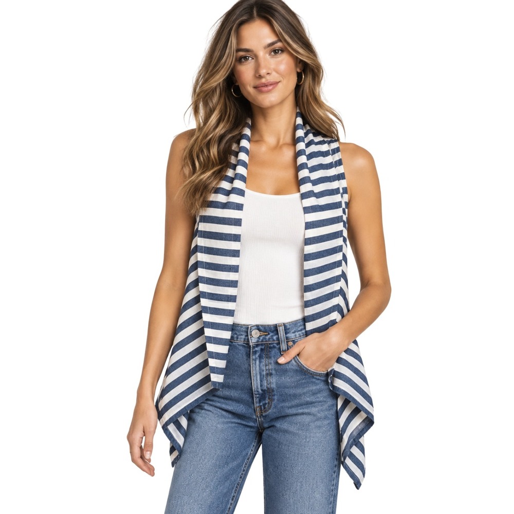 Bryn Walker Vest Womens Large Navy White Cotton Striped Draped Lagenlook Coastal
